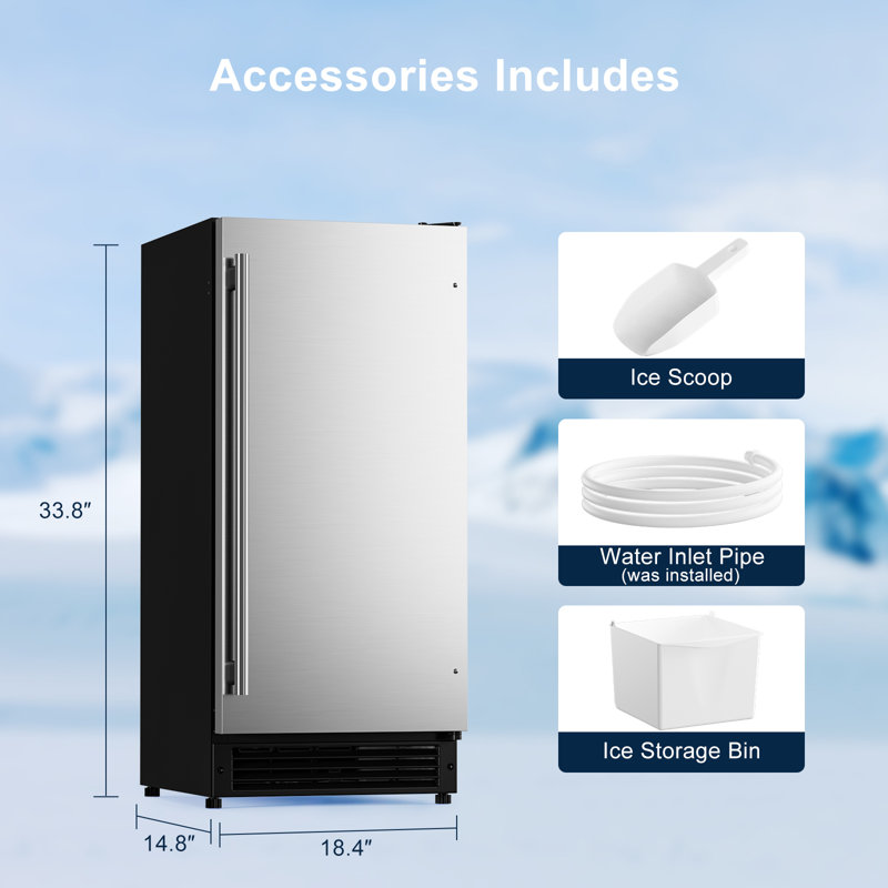 Machine à glaçons sous le comptoir sans drain de 15 pouces COTLIN, machine à glaçons autoportante encastrée en acier inoxydable de 25 lb / jour avec bac de rangement de 22 lb pour le bureau à domicile, aucune vidange requise