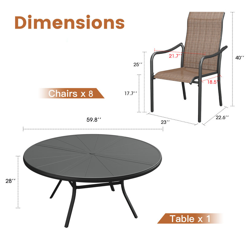 Ensemble repas pour 8 personnes avec table de salle à manger en aluminium 60 po et 8 chaises empilables, Brun