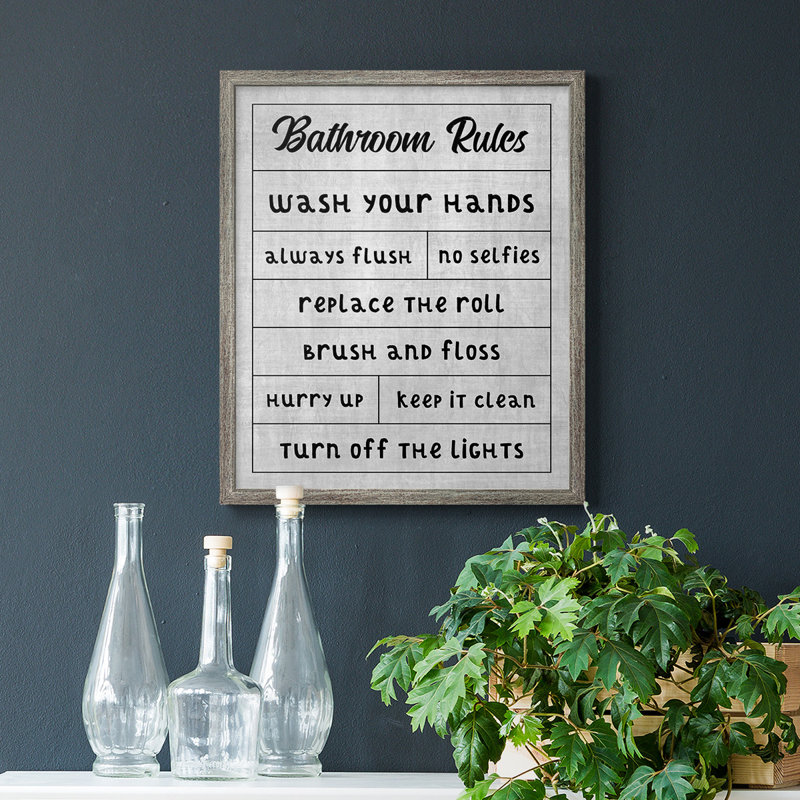 Toile encadrée de qualité supérieure «Simple Bathroom Rules» - prête à être accrochée, Argent patiné, H 24 po x l 20 po