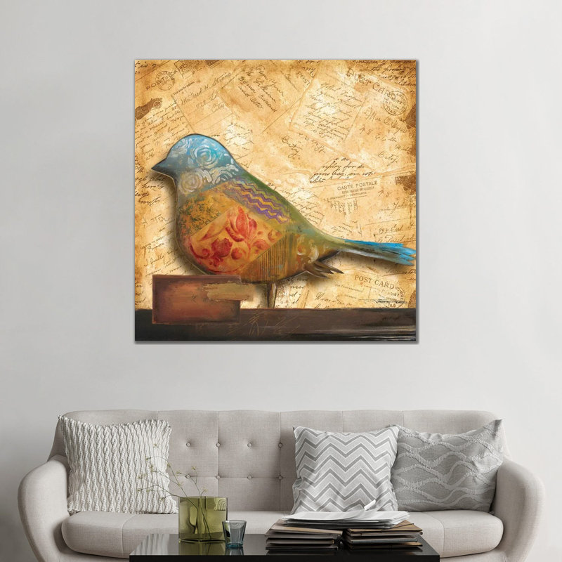 Impression d’art graphique, "Bird of collage I" par Patricia Pinto, Toile tendue, Pas de tapis, H 48 po x l 48 po x 1,5 po