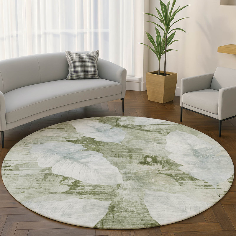 Premium Machine Washable Mayfield floral Rug, 8' Round, Aloe