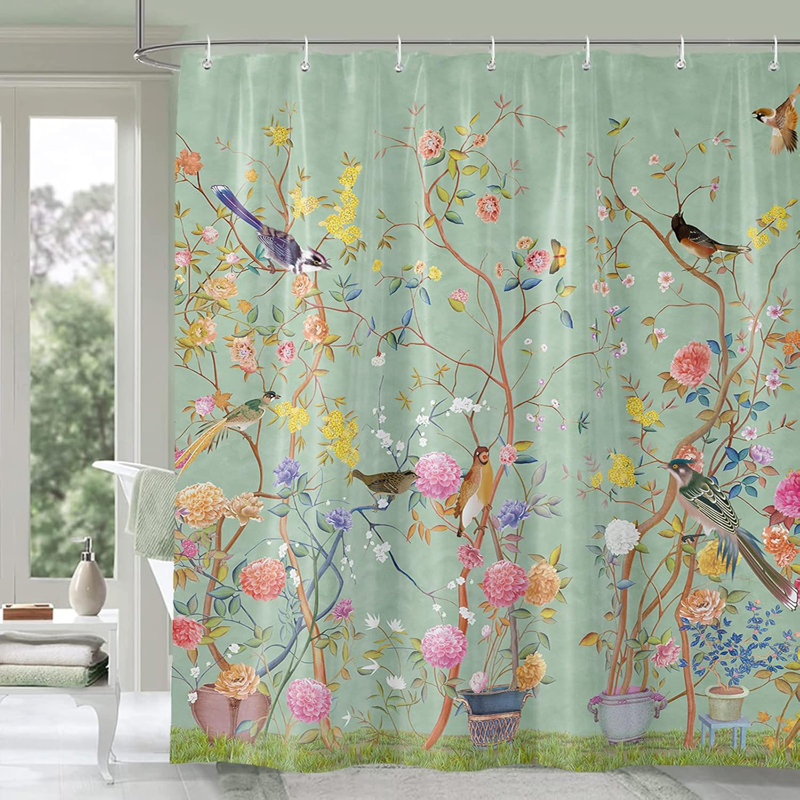 Green Shower Curtain 180x180cm, Mould Proof Resistant Waterproof Bird Floral Bathroom Curtains with 12 hooks Quick-Drying Weighted