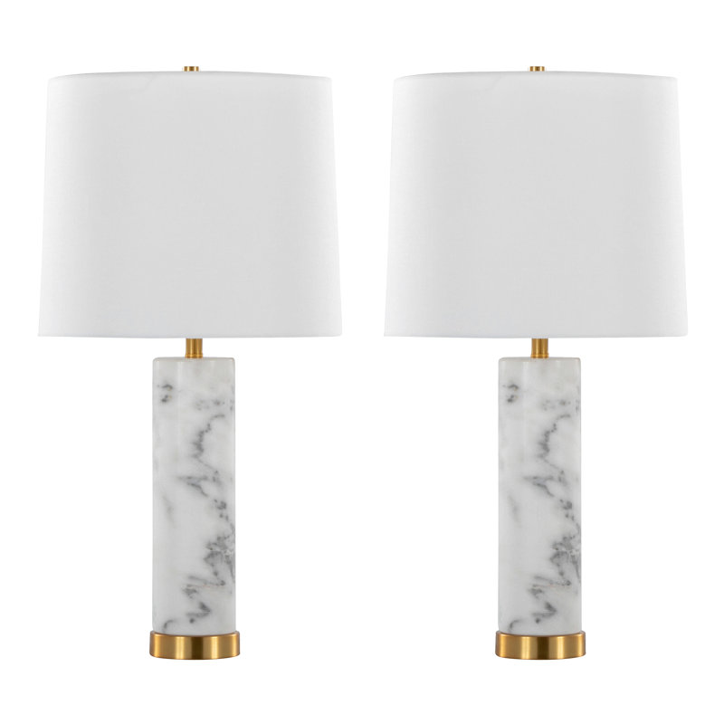 Lampe de table contemporaine en marbre de 26 po Marabella avec abat-jour en lin blanc - ensemble de 2