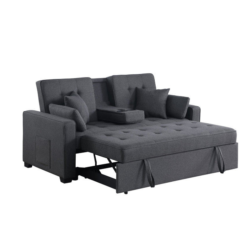 Oli Convertible Sleeper Loveseat, USB Ports, 4 Throw Pillows, Gray Linen, Dark Gray Linen Blend