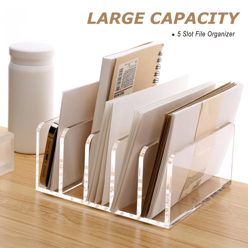 Acrylic Desk File Organizer Holder, 5 Upright Clear Desktop Mails Sorter Document Magazine Storage Organization Letter Folder Racks