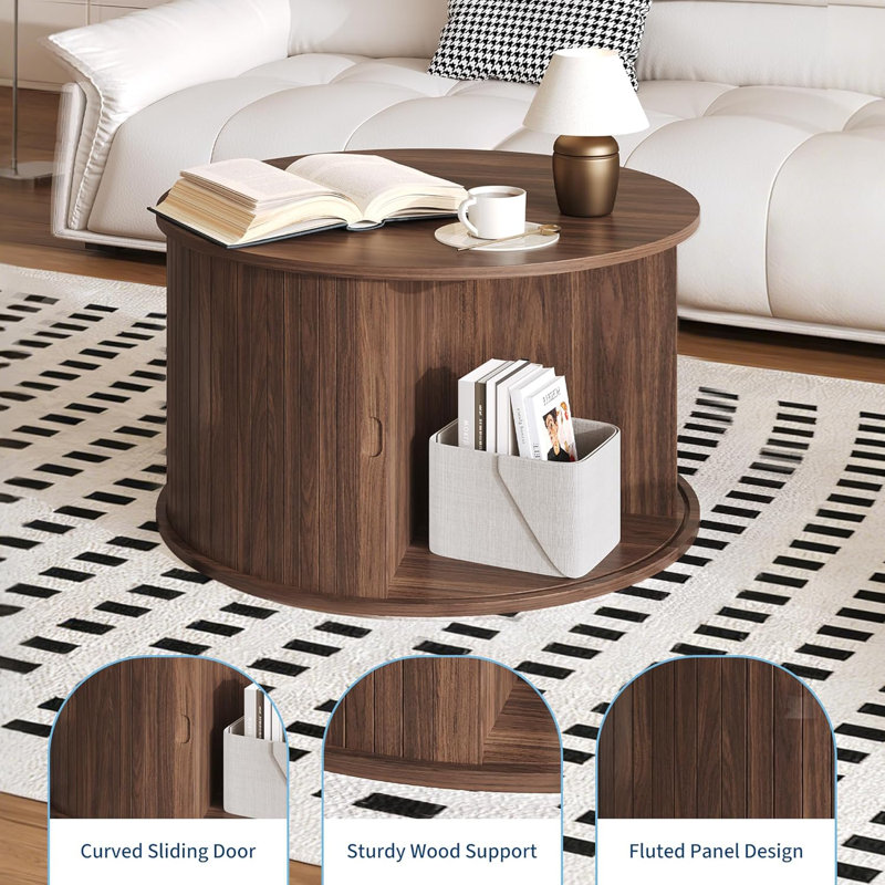 28 in Round Coffee Table with Storage, Mid-Century Modern Fluted Coffee Table with Sliding Tambour Door, Brown