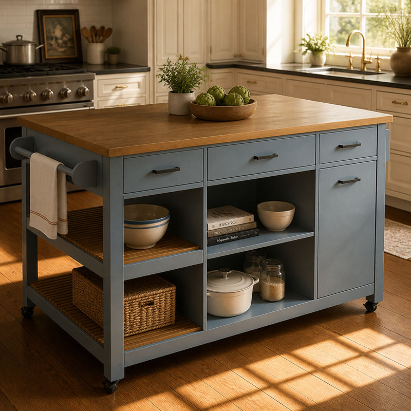 Îlot de cuisine avec chariot intégré de 132 cm de largeur, en MDF et bois d'hévéa, monobloc, bleu-gris, avec porte-serviettes et crochets intégrés.