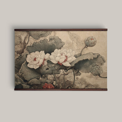 Tenture murale Lotus Blossom - reproduction d'une toile botanique asiatique rétro avec crochets en bois