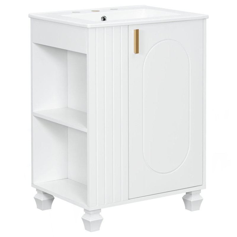 Meuble-lavabo 24 po avec lavabo, armoire de salle de bain avec tablette de porte, rangement latéral ouvert, structure en bois massif, porte à fermeture douce