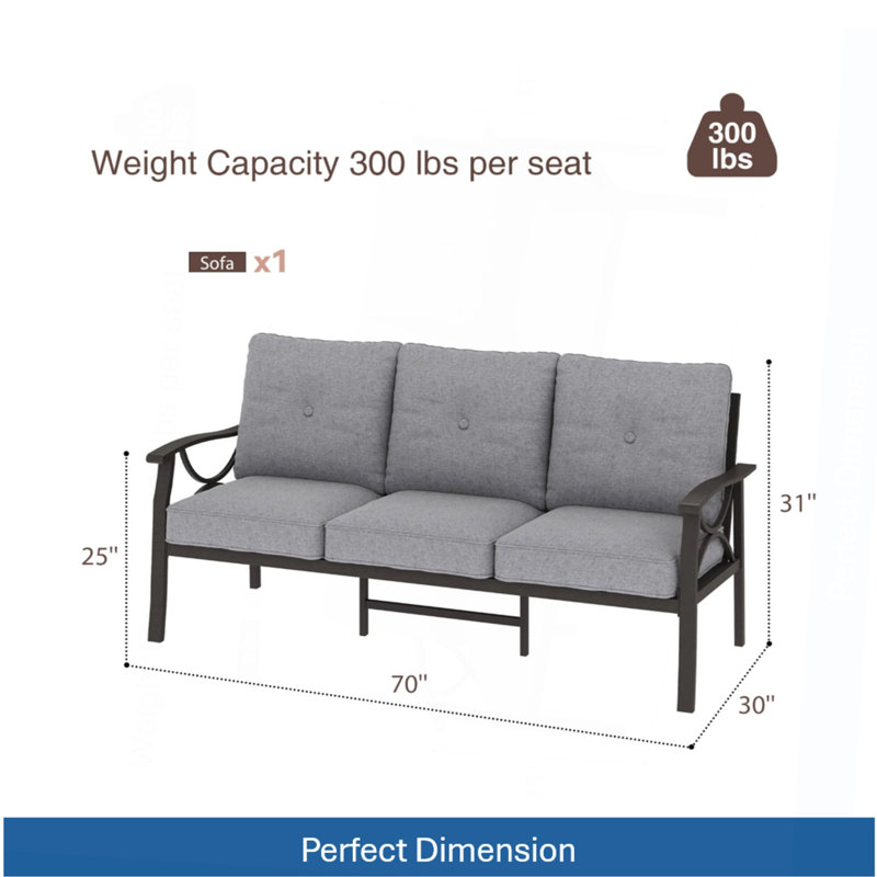 Canapé de patio 70 po 3 places toutes saisons en métal, structure kaki avec coussins, Gris