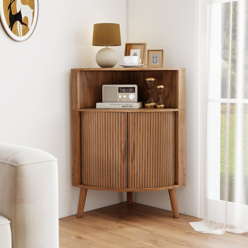 Corner Accent Cabinet With 2 Fluted Door , Freestanding Corner Storage Shelf For Living Room, Kitchen, Bathroom, Walnut