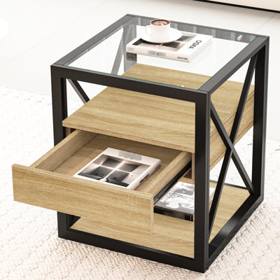 Nightstand For Bedroom & Living Room: Modern End Table With Drawer, Natural Wood , Tempered Glass, Smart Tiered Storage And Build Standard Side In Industrial Style - Stable X Frame Functional Setup