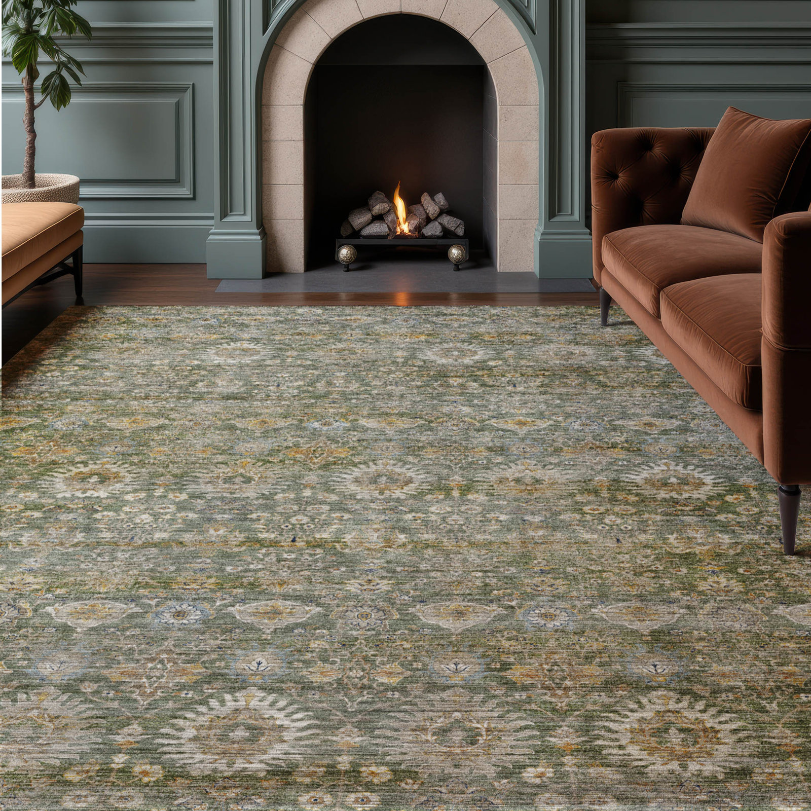 Premium Machine Washable Tirico Traditional Rug, Basil, 3' x 5'