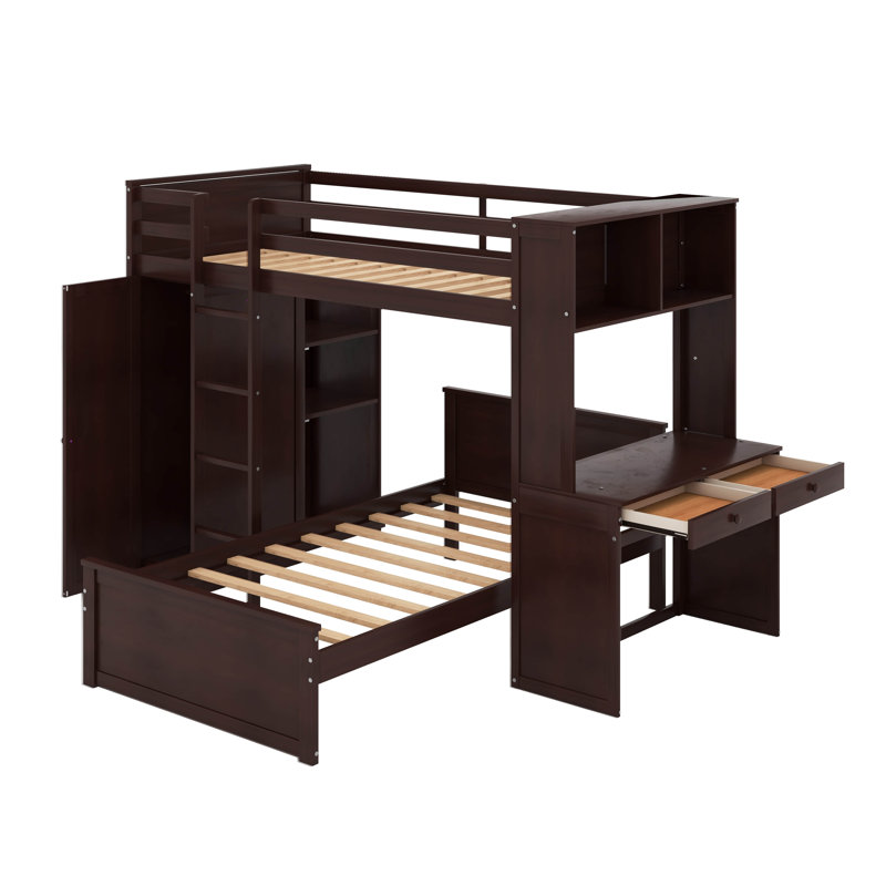 Lit mezzanine simple avec tablettes, bureau et garde-robe, Espresso