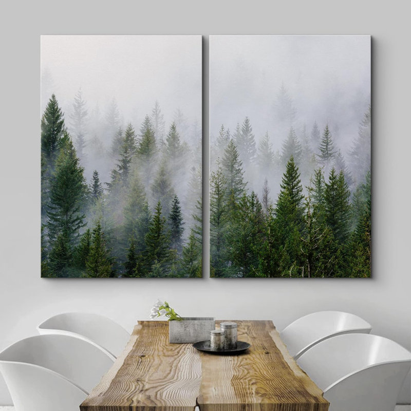 «Morning Mist Green Pine Tree Forest Nature Landscape», impression sur toile, 2 pièces, Toile tendue, H 36 po x l 48 po