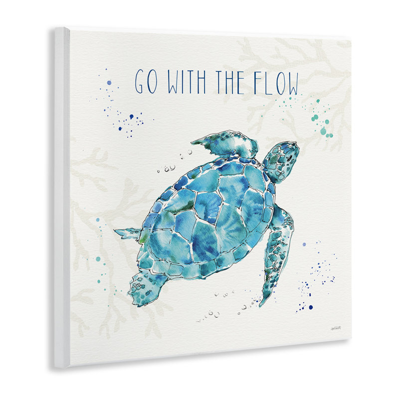 «Go with the Flow», citation, tortue, tortue, bleu, vert, aquarelle par Anne Tavoletti - impression