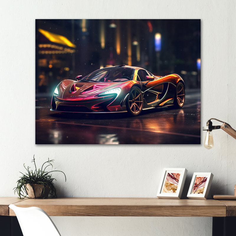 «Exotic Car In The Neon Street I» - reproduction d'art en métal de voiture néon, H 12 po x l 20 po x P 1 po