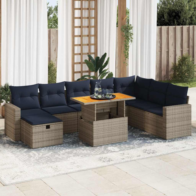 9 Piece Garden Sofa Set With Cushions Grey Poly Rattan Acacia