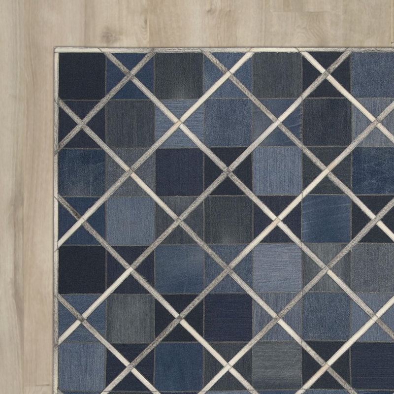 Tapis décoratif Indigo à motif géométrique en coton Touffeté à la main Rosenblatt, Rectangle 5 pi 3 po x 7 pi 5 po
