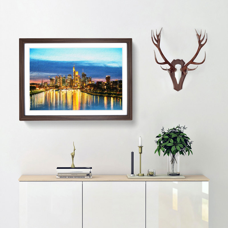 Reflections of the Frankfurt Skyline - Picture Frame Painting Print, 36cm H x 48cm W x 2cm D, Walnut Framed
