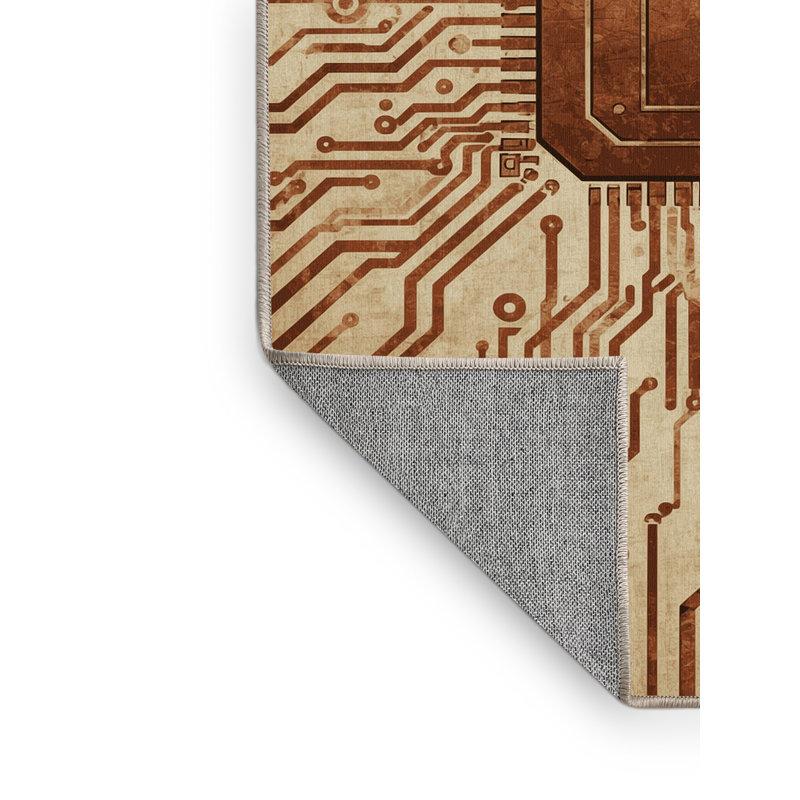 Machine Washable Oscor Futuristic Brain Chip Modern Rustic Vintage Look Rug in Brown – Beige Binding, 7x10