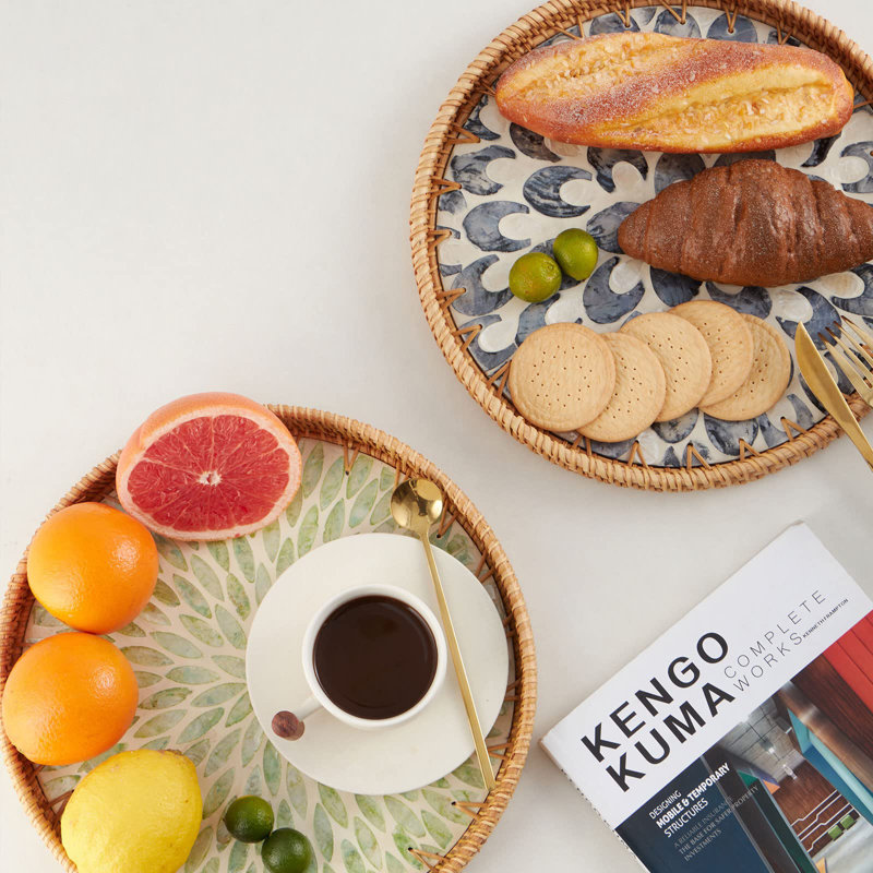 Round Rattan Tray with Mother of Pearl Inlay and Wooden Base