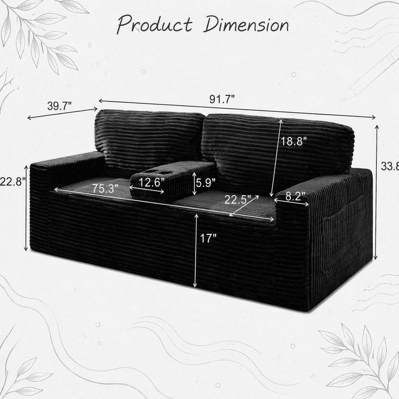 Canapé à compression 91,7 po sans pattes, velours côtelé moelleux avec porte-gobelets intégrés et poche de rangement latérale pour le salon