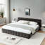 Très grand lit plateforme en chenille gris foncé avec tiroir et tête de lit pour une chambre à coucher sophistiquée et confortable-2140403089