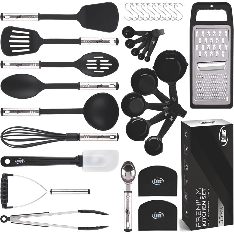 Kaluns 35-Piece Kitchen Utensil Set with Holder – Nylon & Stainless Steel Cooking Tools, Non-Scratch, Heat-Resistant, Dishwasher Safe, Black