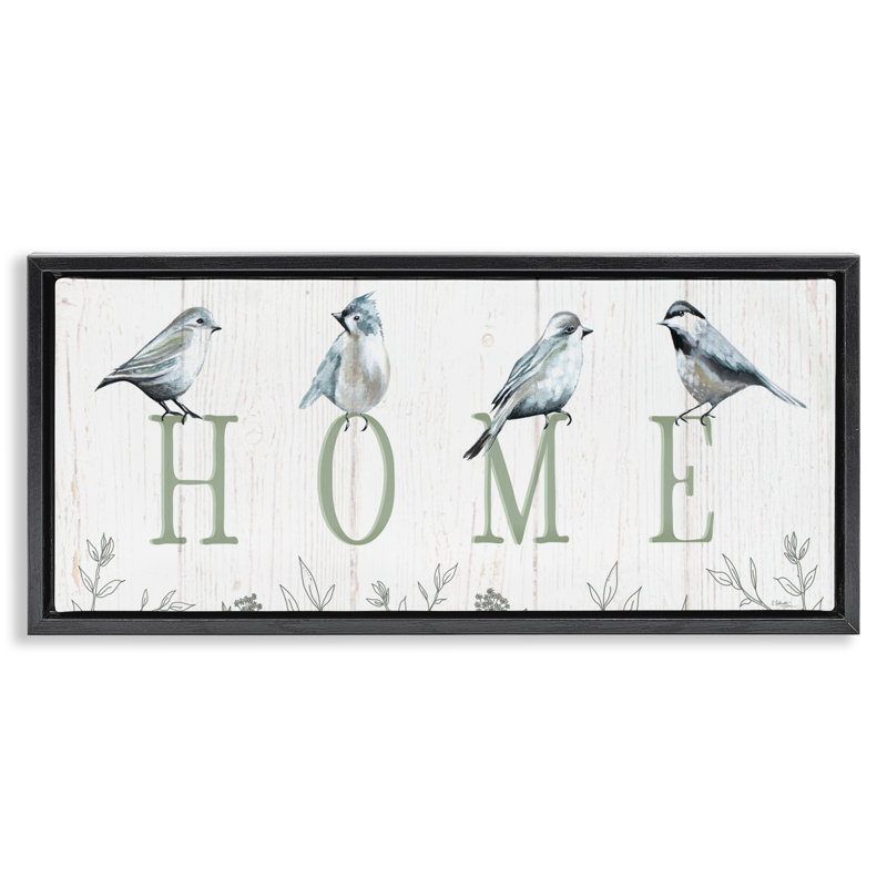 Cadre flottant avec lettres d'oiseaux perchés, conception par Elizabeth Tyndall, H 11 po x l 25 po