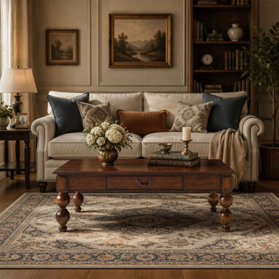 Vintage Rectangular Wooden Coffee Table with Storage, Solid Wood Gourd-Shaped Legs, No-Tools Assembly for Living Room