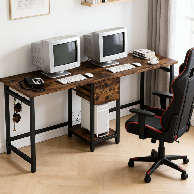 Bureau d'ordinateur, table de jeu à deux places - Poste de travail double spacieux avec tiroirs de rangement, tablette et crochets pour écouteurs. Patins à gratter pour protéger le sol. Polyvalent pour le bureau, le bureau et les jeux. Imperméable