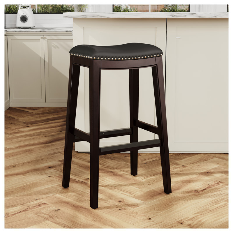Tabouret de bar 30 po à finition cerisier avec siège en cuir reconstitué - Tabouret de comptoir de cuisine avec garniture cloutée, capacité de poids de 250 lb