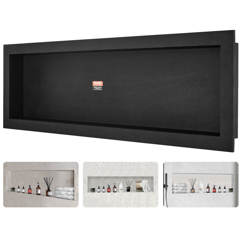 Niche de douche prête à poser 16 po x 50 po, coins carrés encastrés, niche encastrée, noir