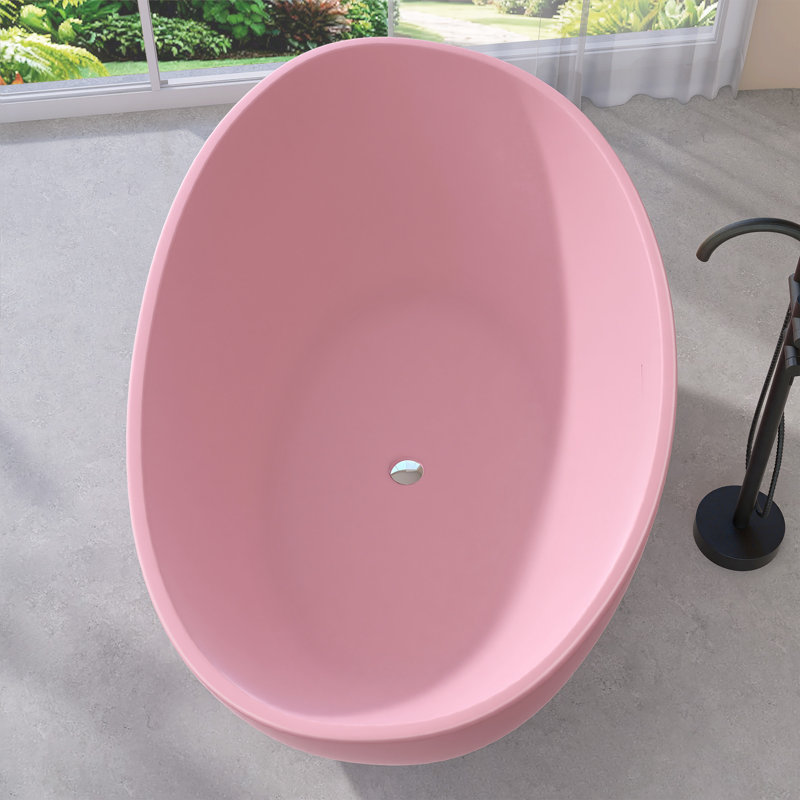63" Matte Pink Freestanding Acrylic Bathtub Deep Soaking Tub For Bathrooms With Resin Reinforced Construction, Matte Pink