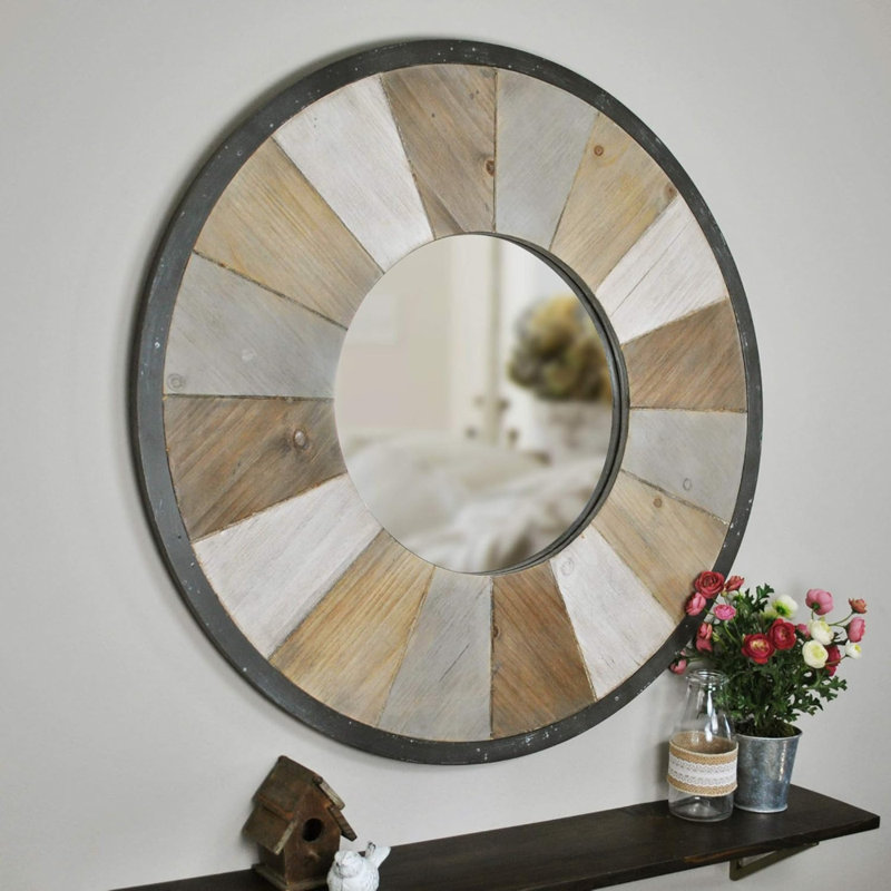 Grand miroir rond en bois rétro