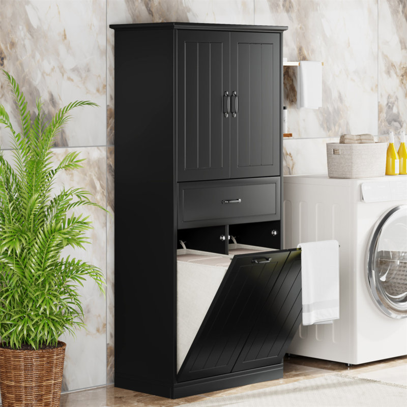 Bathroom Storage Cabinet With Two Laundry Baskets, Storage Cabinet With Doors And Drawer For Home, Black