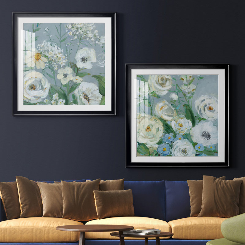Painterly Garden I - Ensemble de 2 peintures sur papier encadrées, Papier encadré noir, Blanc, H 30,5 po x l 61 po x P 1,5 po