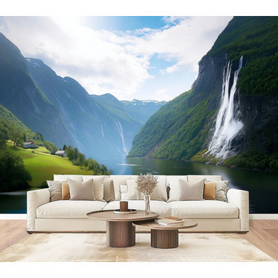 Peel and Stick Wallpaper Geirangerfjord fjord Seven Sisters waterfall Norway Wall Murals 69"H x 96"W Removable PVC Wall Paper Self-Adhesive Wall Paintings Art Decor for Bedroom Living Room