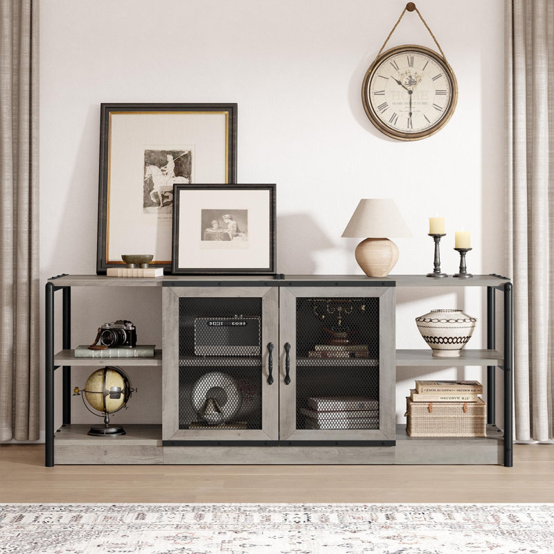 Wood TV Stand for TVs up to 65/75 Inch Farmhouse Entertainment Center with Storage Cabinets and Mesh Doors, Grey