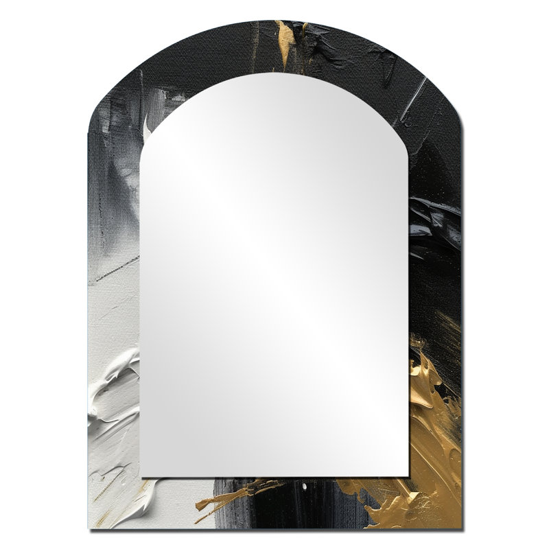 Exquisite Darling Gold Abstract Wave On Black I - Abstract Painting Asymmetrical Large Wall Mirror, Modern Arch Unique Mirror, Printed Metal Art