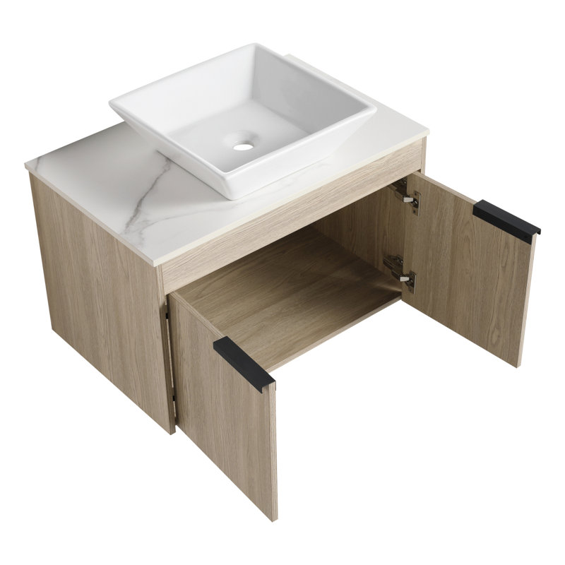 Meuble-lavabo flottant de conception moderne avec lavabo d'art en céramique, dalle de pierre plate blanche et petites tablettes de rangement, porte à fermeture douce, ensemble KD