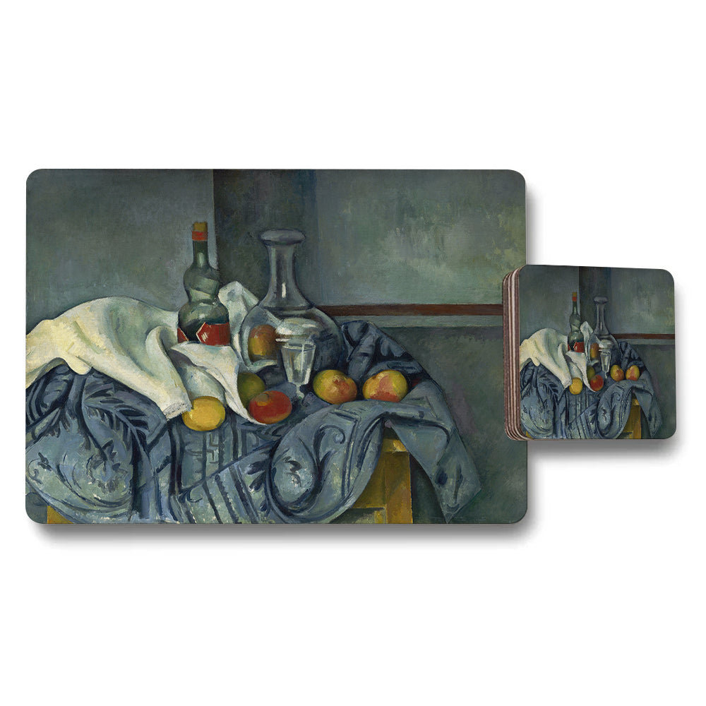 Still Life Placemat And Coasters Set With Wine Bottle And Fruit