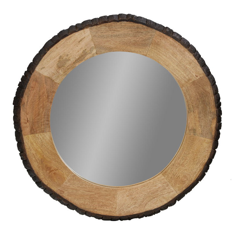 30.5" Round Brown Mango Wood and Glass Wall Mirror