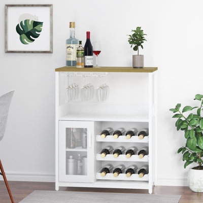 Wine Bar Rack Cabinet With Detachable Wine Rack, Bar Cabinet With Glass Holder, With Mesh Door