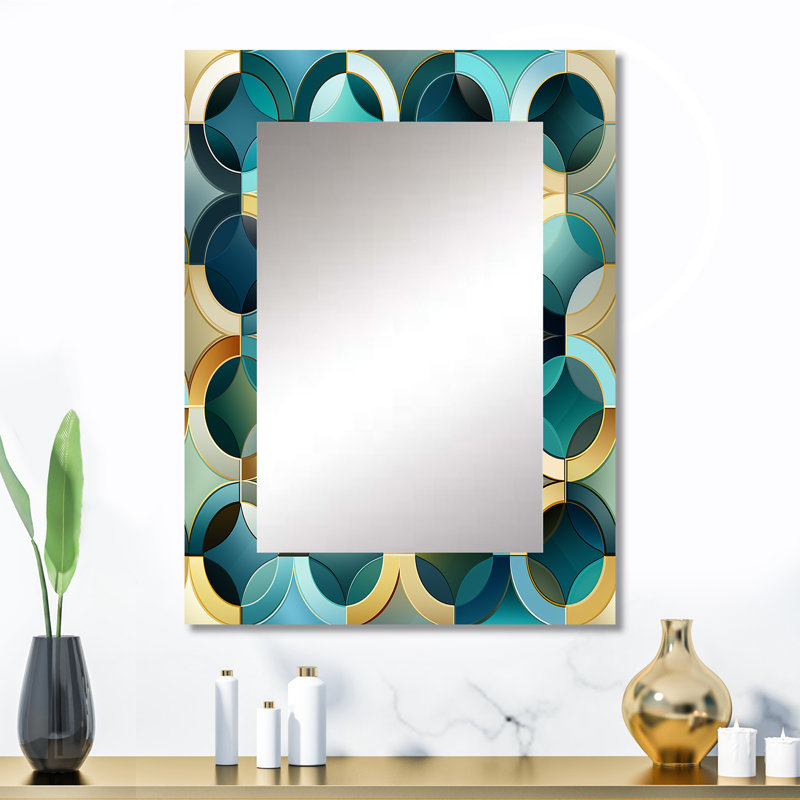 Teal And Golden Modern Geometric Tiles - Geometric  Decorative Mirror, Geometric Wall Mirror, Printed Metal Art, 32" x 24"