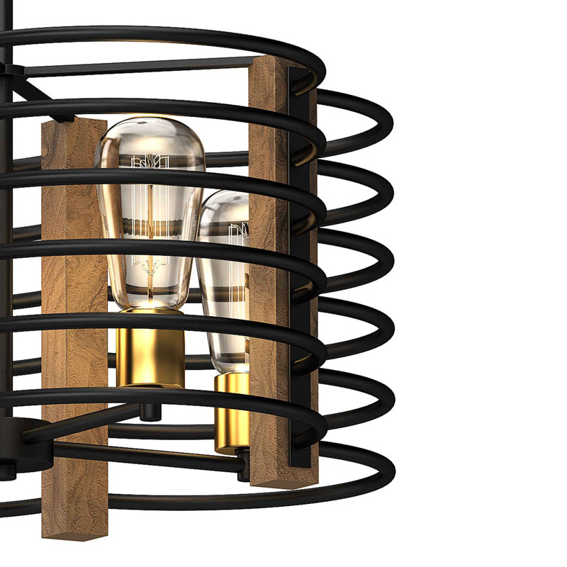 Lustre suspendu cage d'intérieur 4 lumières en bronze et noyer d'inspiration industrielle
