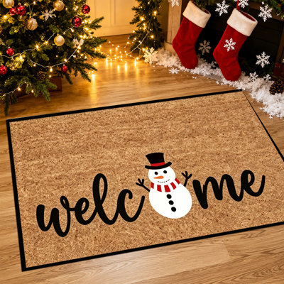 Tapis de porte de Noël antidérapant pour intérieur et extérieur, 61 x 91 cm, motif bonhomme de neige bleu.