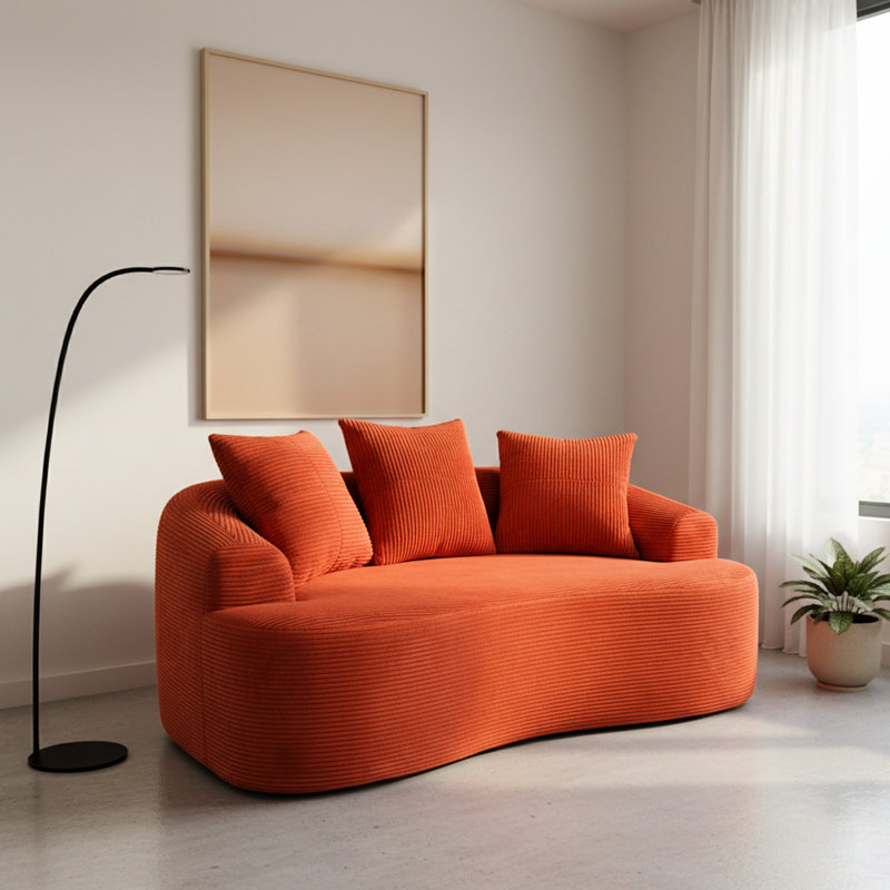Rouge orange incurvé 65,55 po, coussins à ressorts ensachés, 3 coussins décoratifs, sièges moelleux pour chambre orange, sans assemblage, convient aux petits espaces