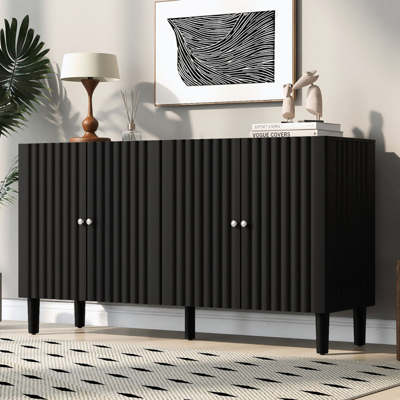 Four-Door Sideboard with Sleek Metal Handles, Black